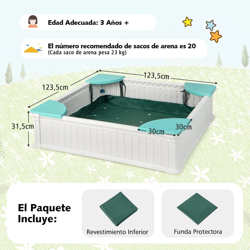 Caixa de areia com cobertura impermeável em HDPE com 4 assentos nos cantos, revestimento inferior e cobertura protetora, branca