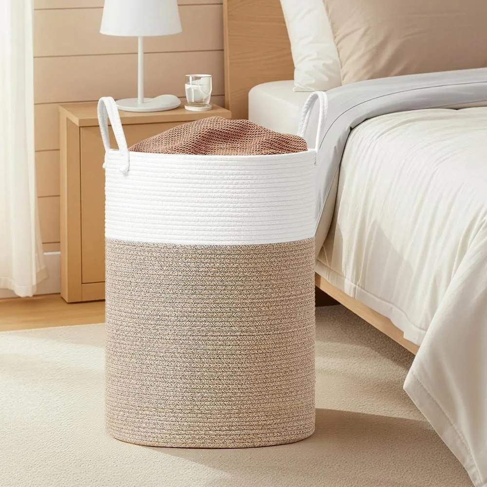 Cesto da roupa suja, cesto de 80 L 40 x 40 x 60 cm, corda de algodão branco-castanho-acinzentado