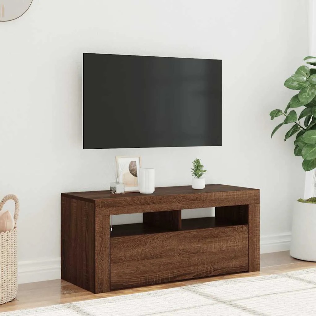 Móvel de TV com luzes LED 90x35x40 cm carvalho castanho