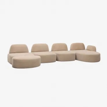 Sofá Modular Chaise Longue Direito De 4 Peças E Puff Estofado Giorgia Chenille Castanho Areia Claro - Sklum
