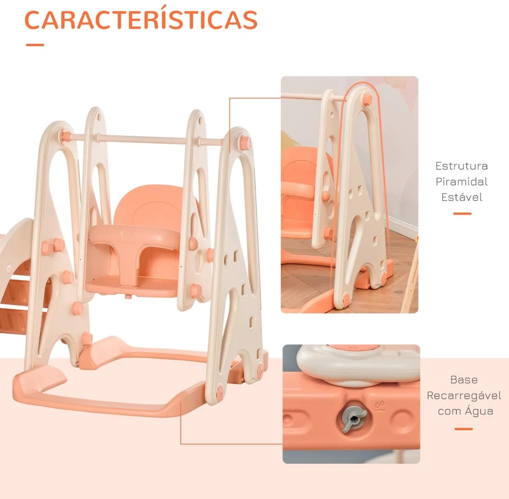 Baloiço e Escorrega para Crianças acima de 18 Meses Cesta de Basquetebol 3 em 1 com Assento Ajustável Parque Infantil Interior e Exterior 158x117x97cm Coral