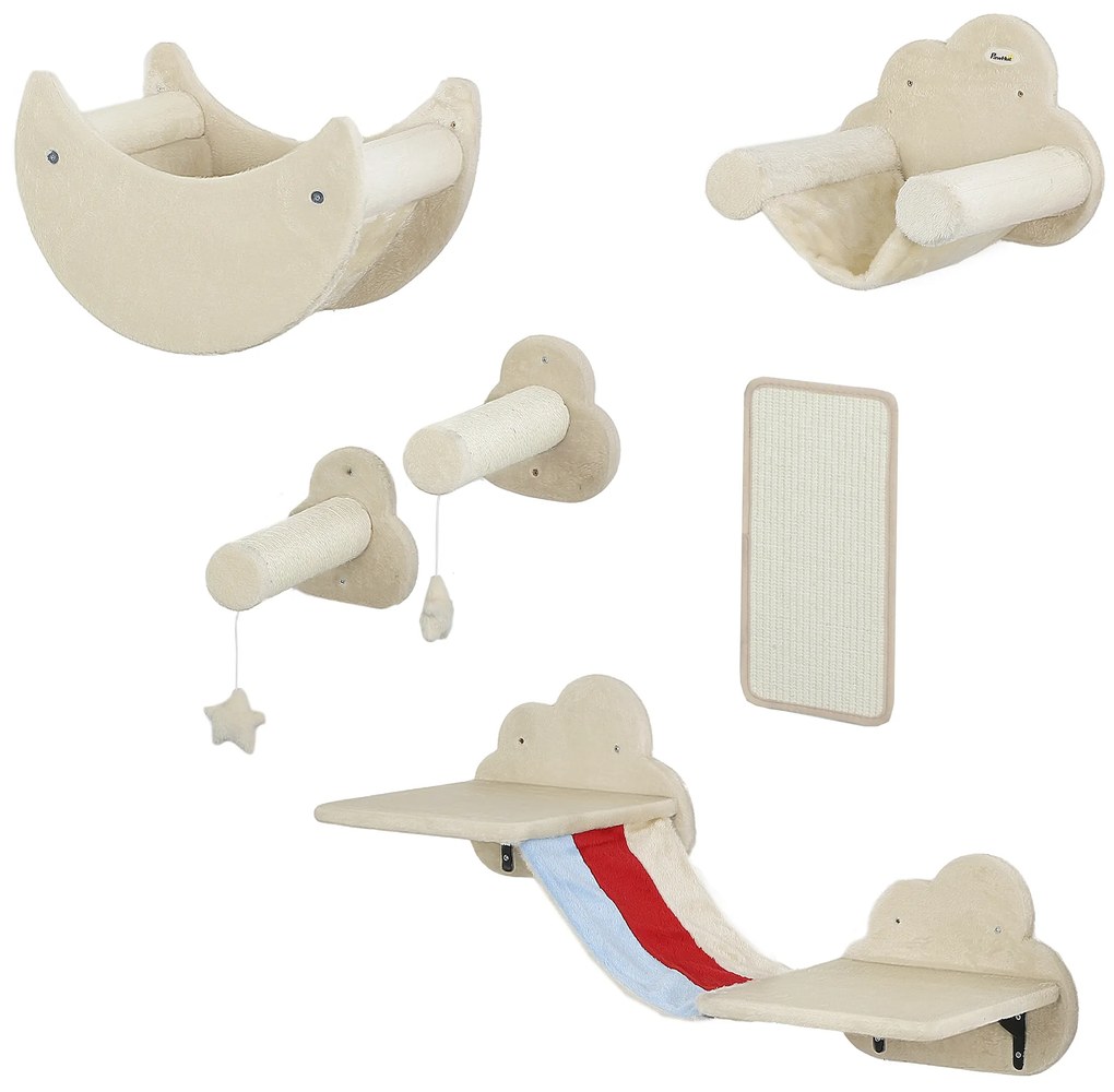 Conjunto de Prateleiras de Escalada para Gatos de 6 Peças com Rede Plataformas Escadas Tábua de Arranhar e Poste de Sisal Bege