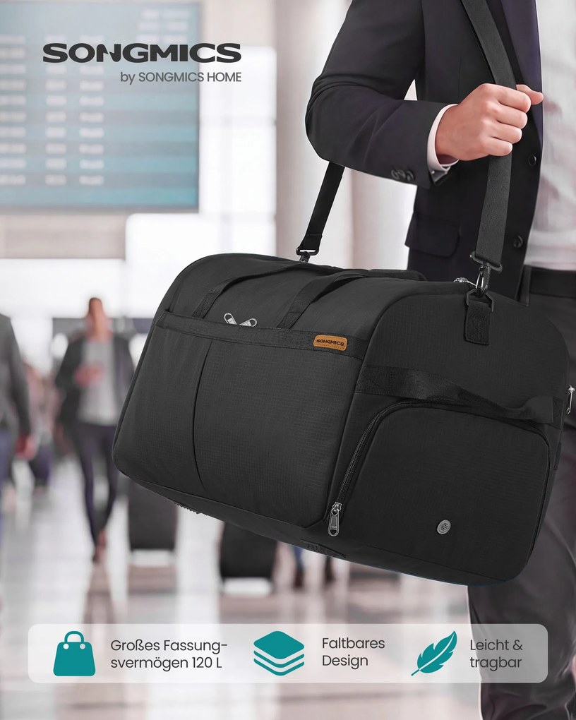 Saco de desporto dobrável muito grande 120 L, com compartimentos para sapatos e para roupa molhada Preto