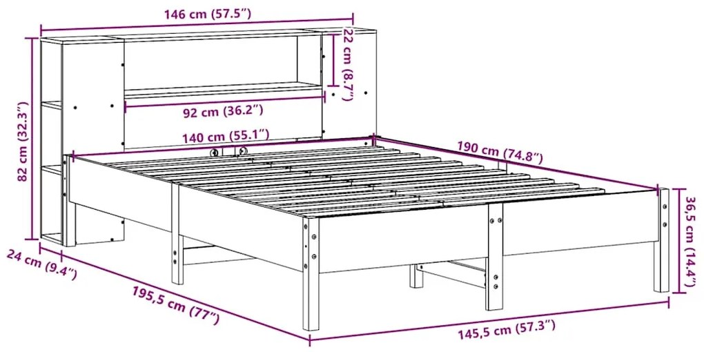 Cama com estante sem colchão 140x190 cm pinho maciço