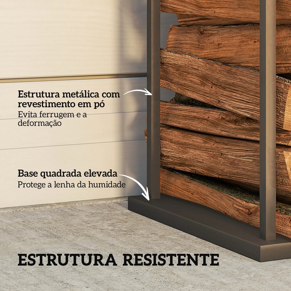 Suporte para Lenha Metálico para Lareira com Base Elevada Capacidade de 100 kg 33x33x110 cm Preto