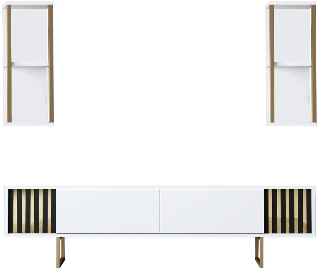 Móvel de TV "Gold" com 2 Prateleiras de Parede – Branco e Dourado - 18