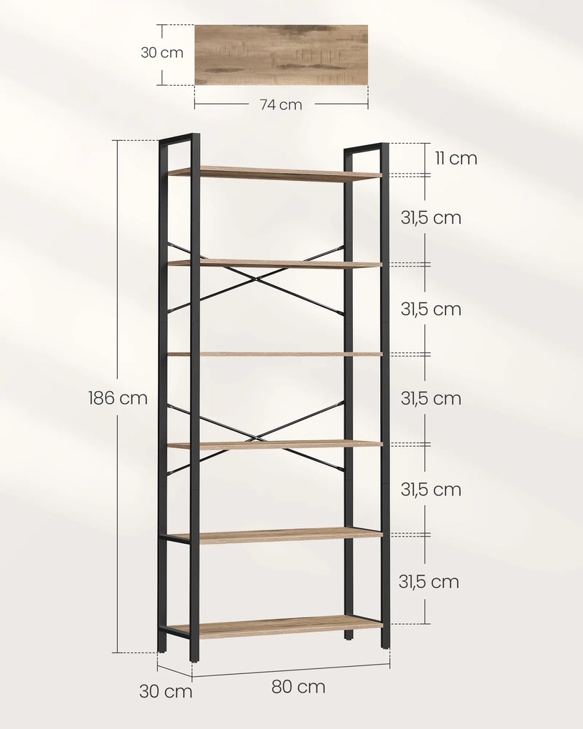 Estante 6 níveis 30 x 80 x 186 cm em design industrial Castanho-camelo-preto
