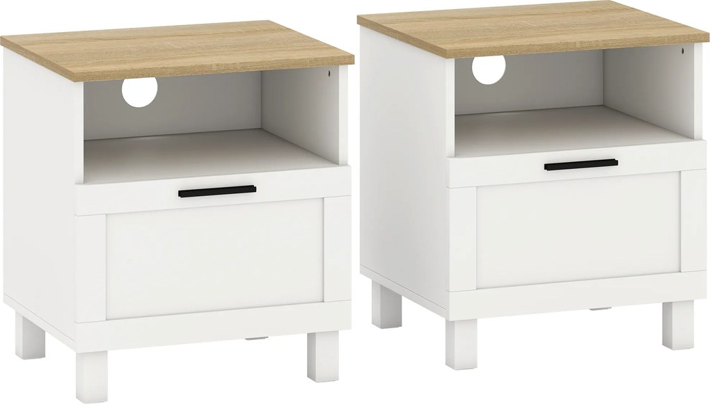 HOMCOM Mesas de Cabeceira Conjunto de 2 Mesas de Cabeceira Modernas com Gaveta Compartimento Aberto Pés de Madeira 45x38x50 cm Branco | Aosom Portugal