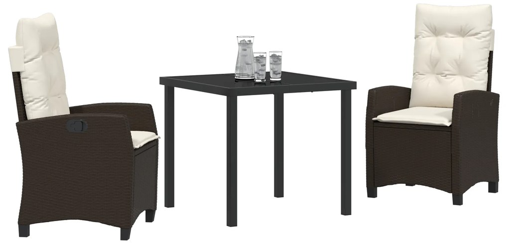 Conjunto de Jantar de Jardim de 3 Peças com Almofadas Castanho Rattan