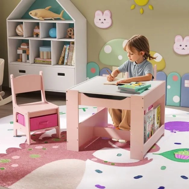 Conjunto de mesa e cadeiras infantis de atividades 4 em 1 para crianças com superfície reversível Prateleiras para livros e caixas Rosa