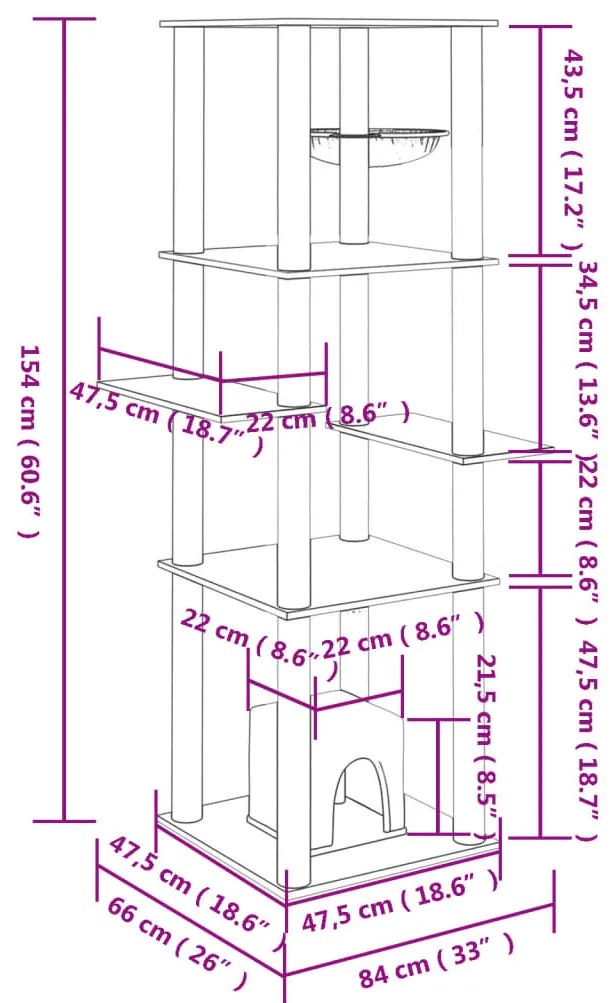 Árvore p/ gatos c/ postes arranhadores sisal 154 cm cinza-claro