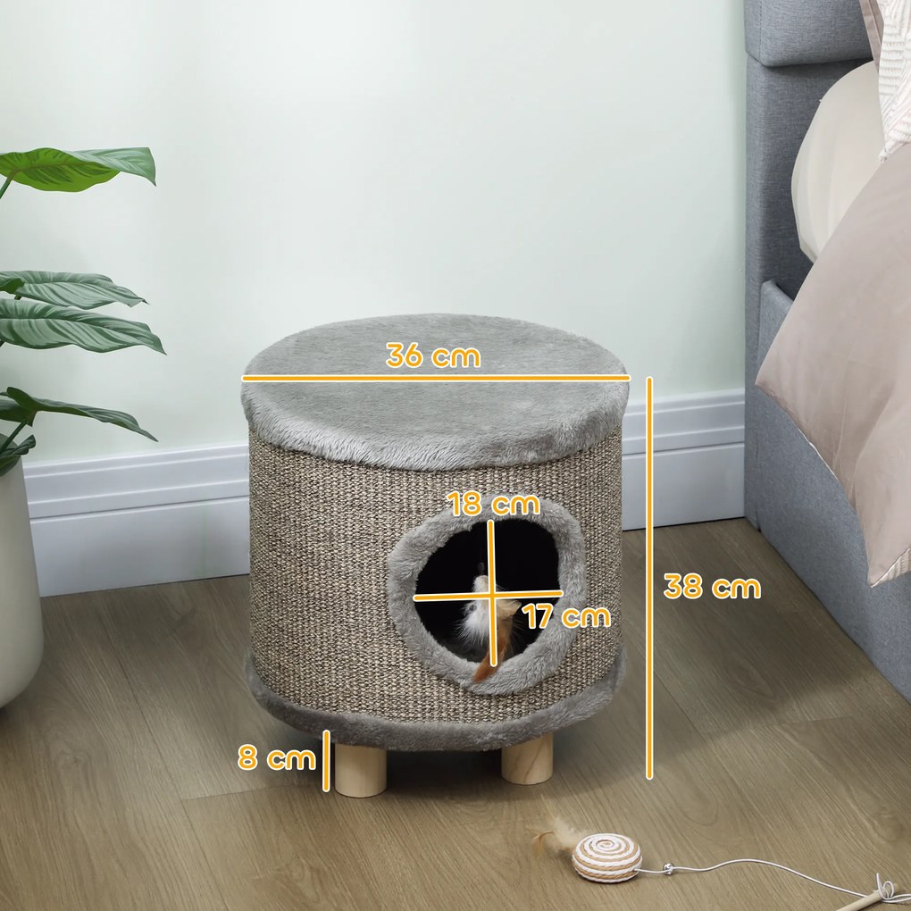 Casa para Gatos 3 em 1 Banco Apoio para os Pés e Cama com Arranhador e Brinquedo Pendurado 36x36x38 cm Cinzento