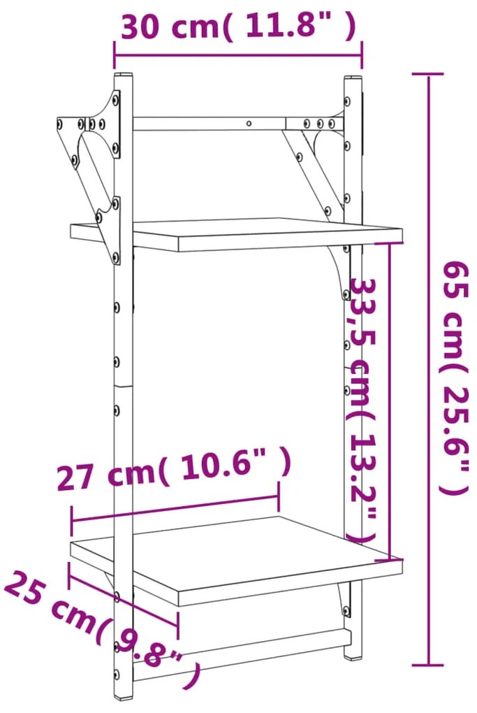 Unidade 2 prateleiras parede com barras 2 pcs 30x25x65 cm preto