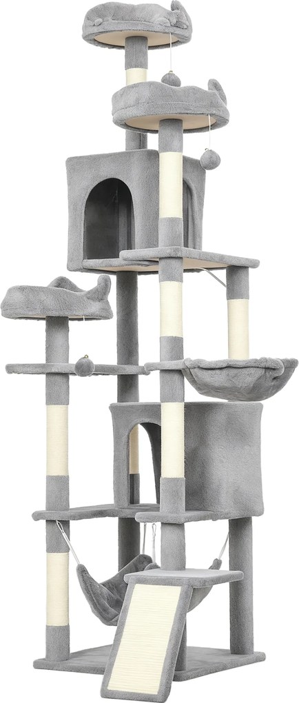 Arranhador para gatos com torre de brincadeiras: 8 postes para arranhar, 4 plataformas, 2 compartimentos abertos, escada e 3 bolas; altura: 192 cm; ci