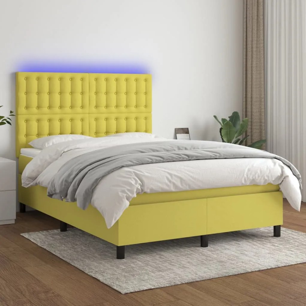 vidaXL Cama box spring c/ colchão e LED 140x190 cm tecido verde