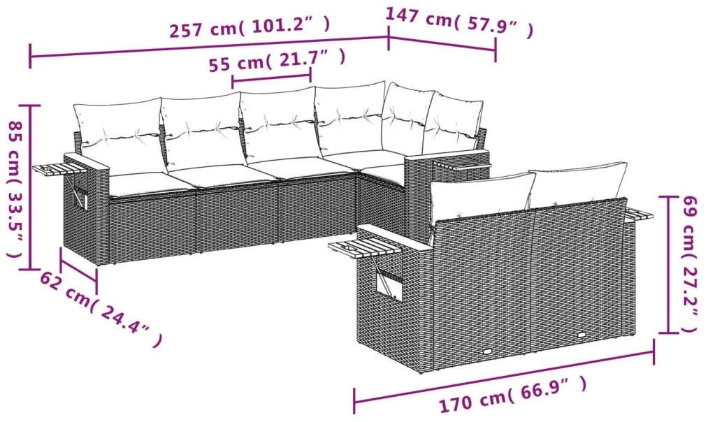 7 pcs conjunto de sofás p/ jardim com almofadões vime PE bege