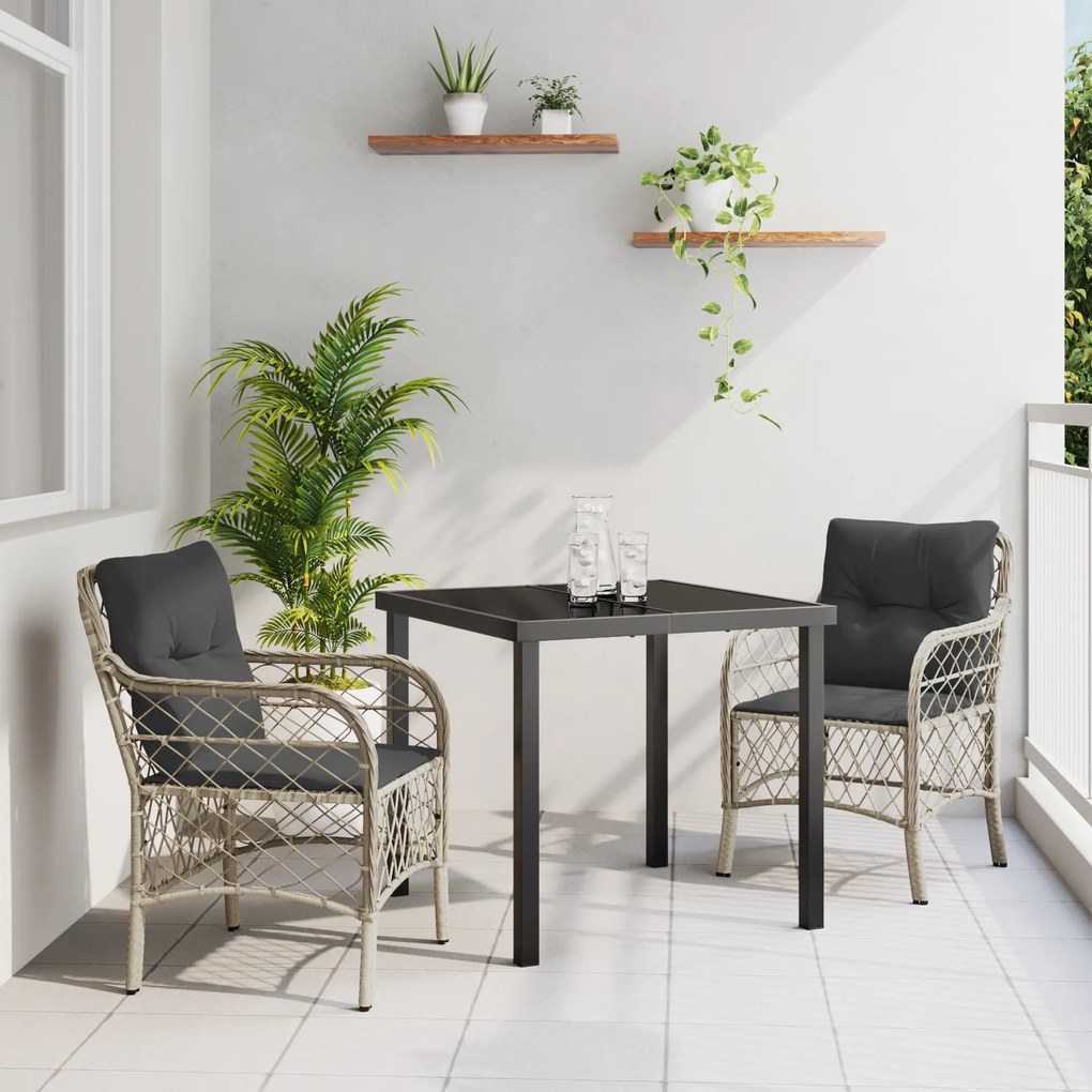 vidaXL Conjunto de Jantar de 3 Peças com Almofadas Cinza Claro Rattan Poliéster