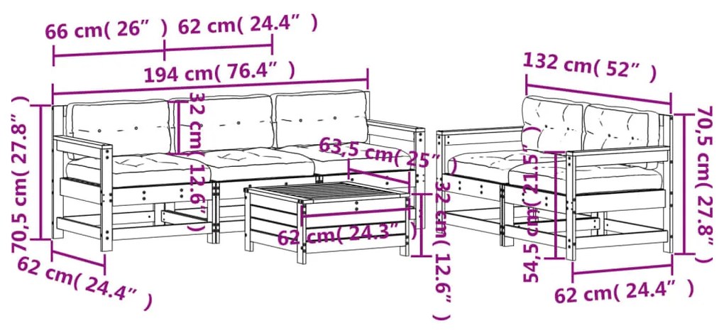 6 pcs conjunto lounge de jardim c/ almofadões pinho impregnado