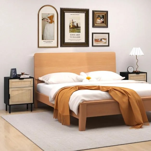Conjunto de 2 mesas de cabeceira em rattan com gaveta e armário, pés metálicos, estilo moderno, 45 x 30 x 59 cm Pretas