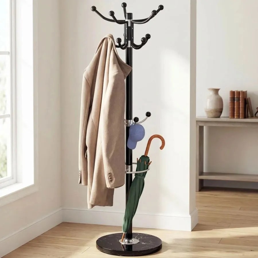 Cabide Porta-casacos preto de 173 cm com base em mármore preto