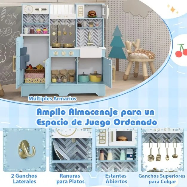 Cozinha de brincar para crianças 84 x 30 x 90 cm com fogão, torneira, pia, relógio, cafeteira, exaustor e micro-ondas azul