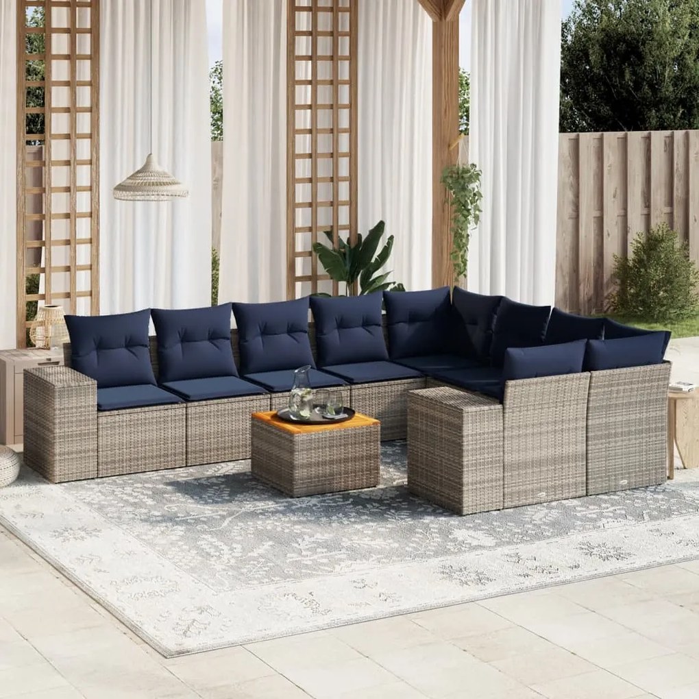 vidaXL 10 pcs conjunto sofás p/ jardim c/ almofadões vime PE cinzento