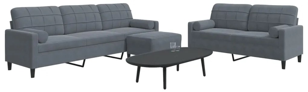3 pcs conjunto sofás com almofadões e rolos veludo cinza-escuro