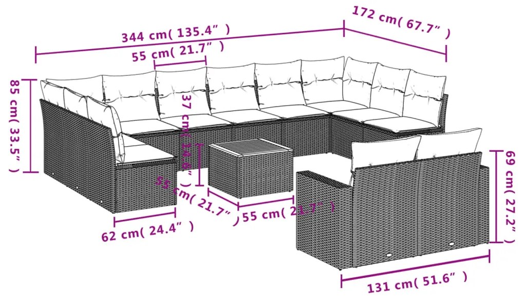 13 pcs conjunto de sofás p/ jardim com almofadões vime PE bege