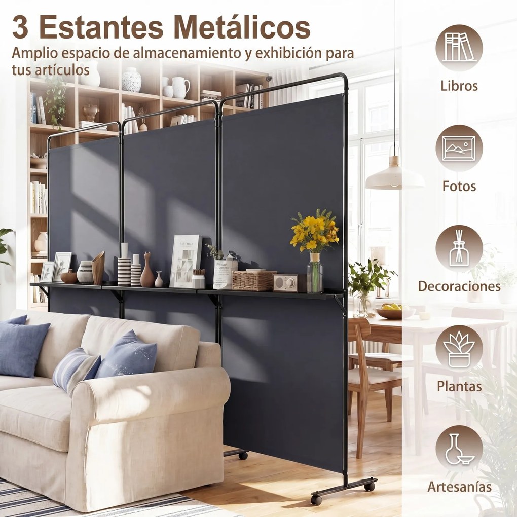Biombo Divisório Dobrável de 3 Painéis, 259 x 44 x 188 cm, 8 Rodas Bloqueáveis, Cinzento