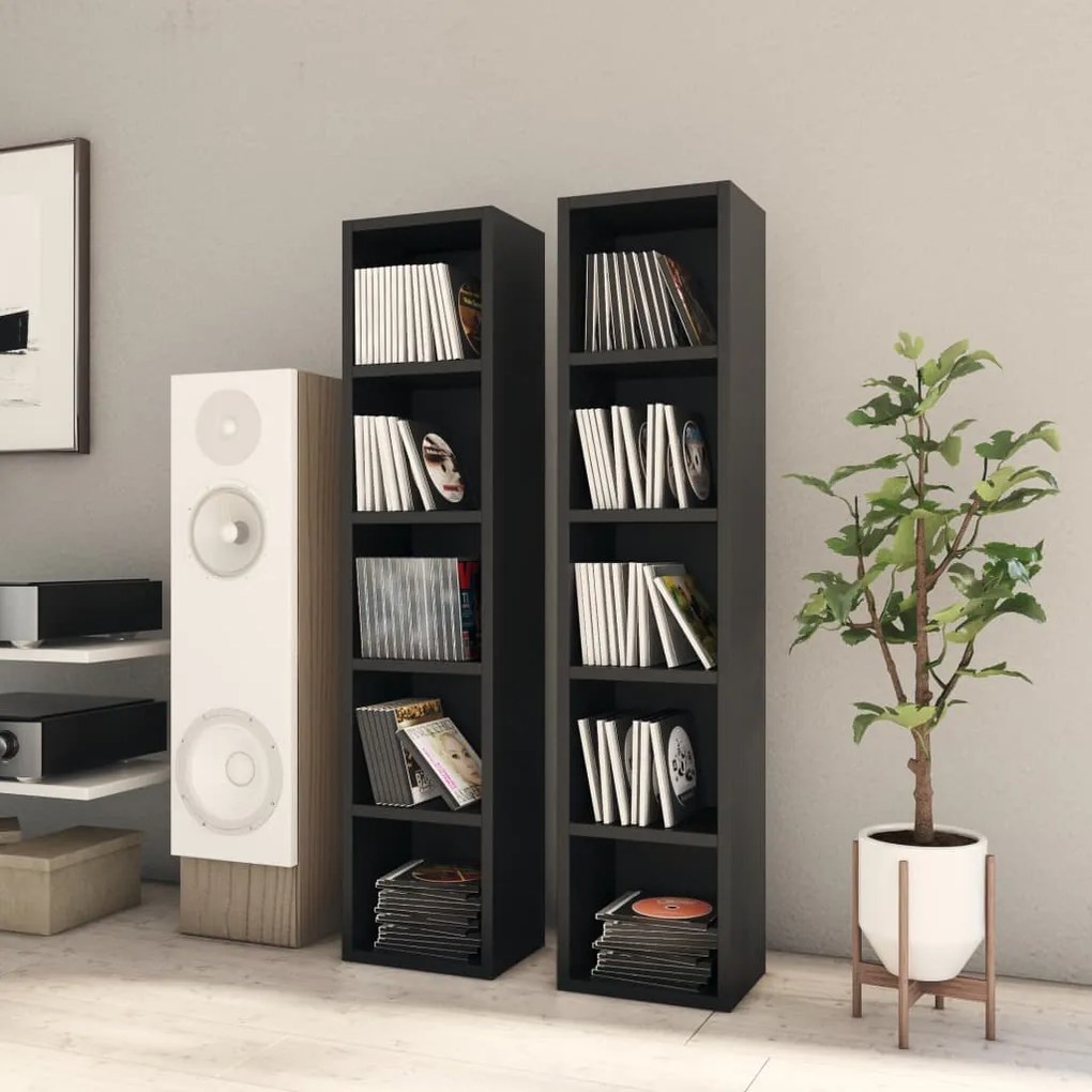 802697 vidaXL Armários para CD 2 pcs 21x16x93,5 cm contraplacado preto