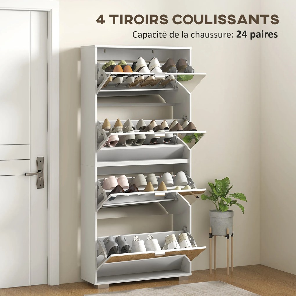 Sapateira 2 em 1 com frentes espelhadas 76 x 26 x 168  cm, 4 portas basculantes, prateleiras ajustáveis, capacidade para até 24 pares, branco
