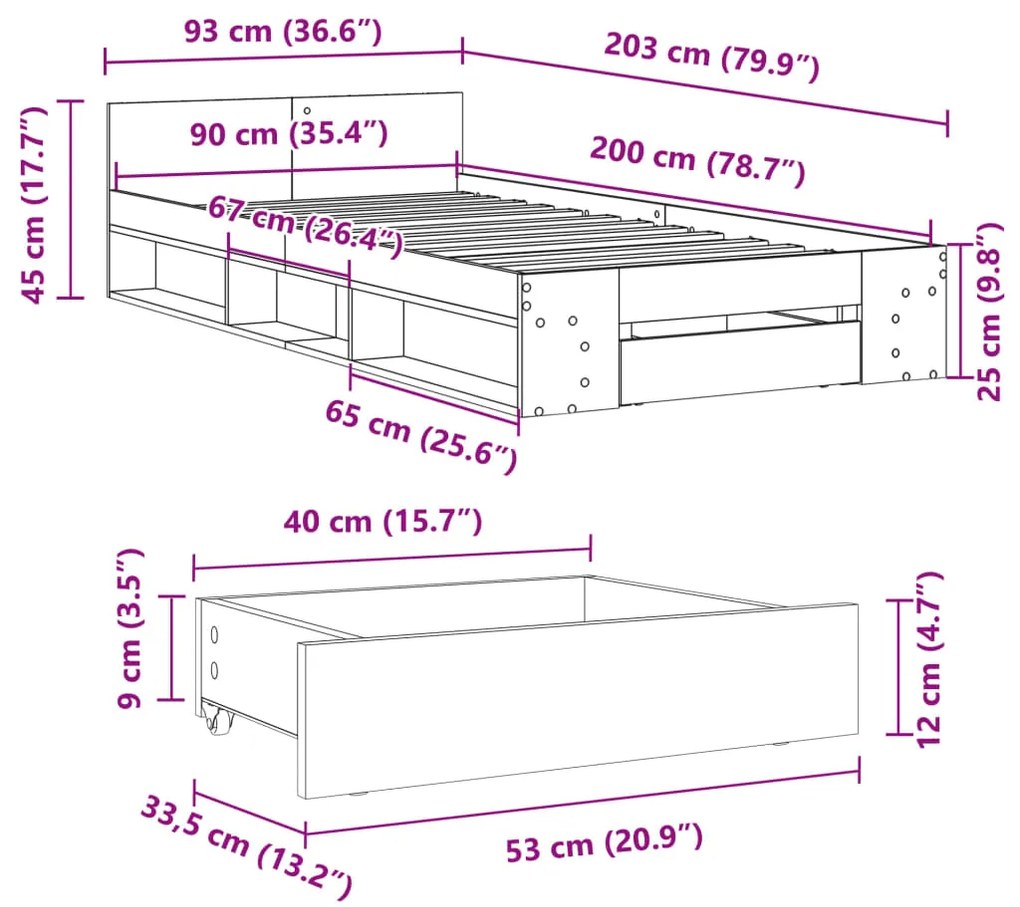 Estrutura de cama c/ gaveta 90x200 cm derivados madeira preto