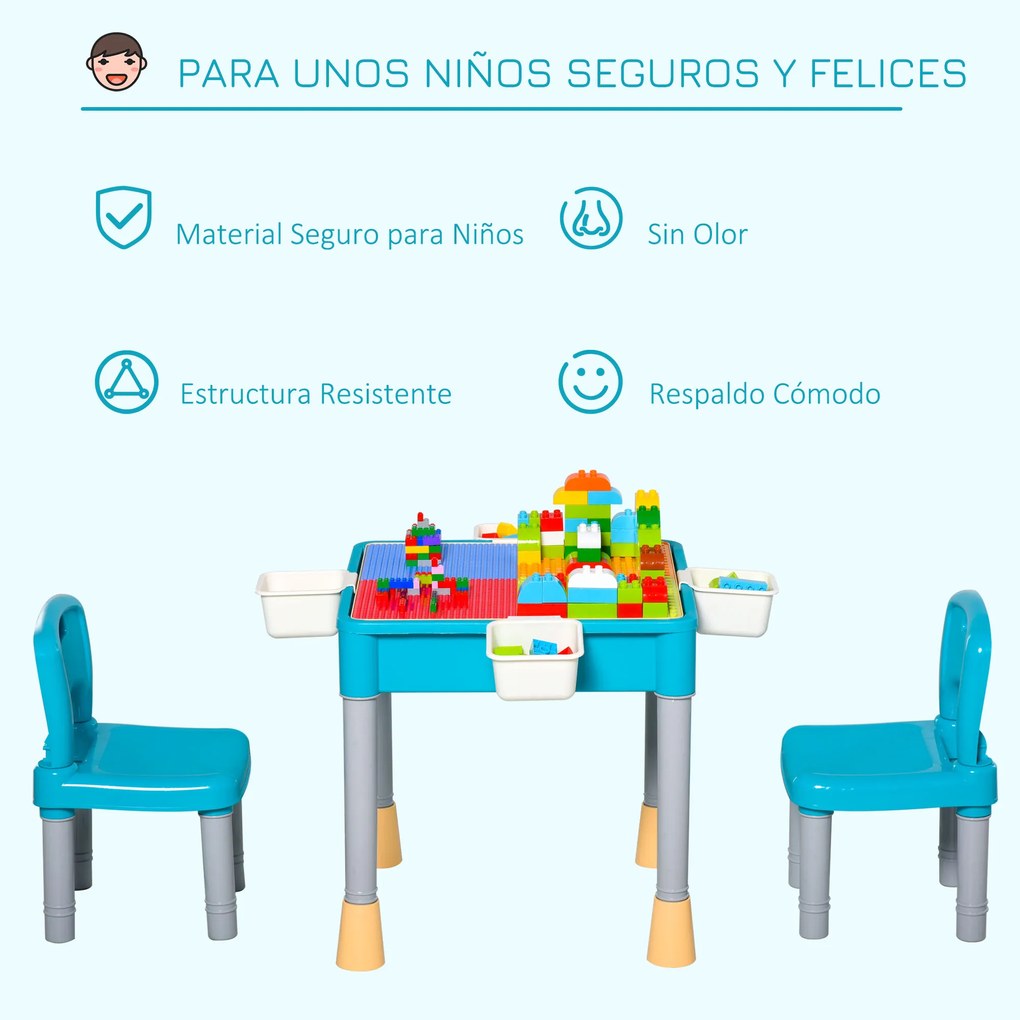 HOMCOM Conjunto de mesa e 2 cadeiras para crianças com 135 blocos de construção Mesa em ambos os lados Útil para desenhar e jantar com grande armazenamento 69x69x47 cm Multicolor