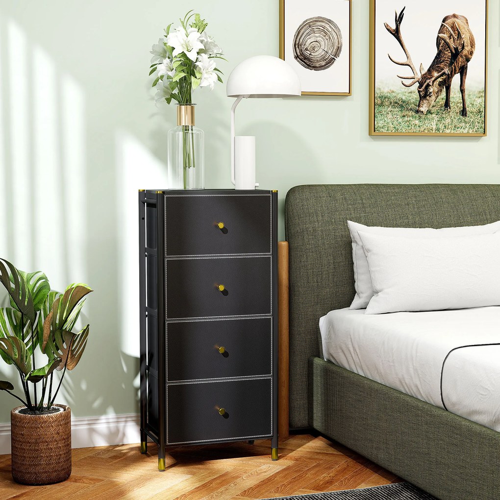 Cómoda para Dormitório Cómoda de Tecido com 4 Gavetas Dobráveis com Frentes de Couro PU 46x30x98 cm Preto