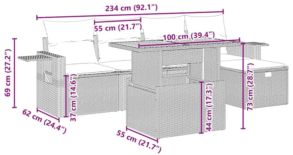 6 pcs conjunto de sofás p/ jardim com almofadões vime PE bege