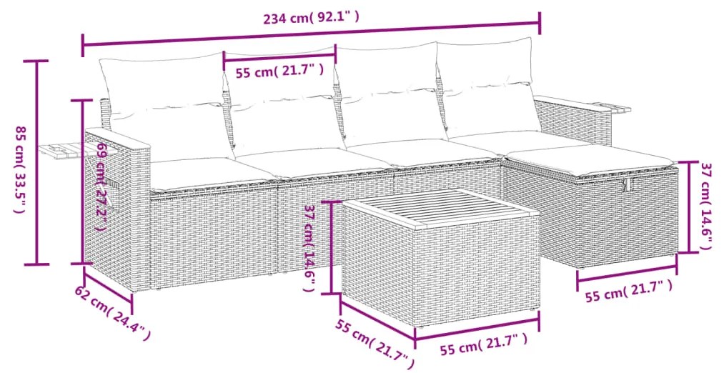 6 pcs conjunto de sofás p/ jardim com almofadões vime PE bege