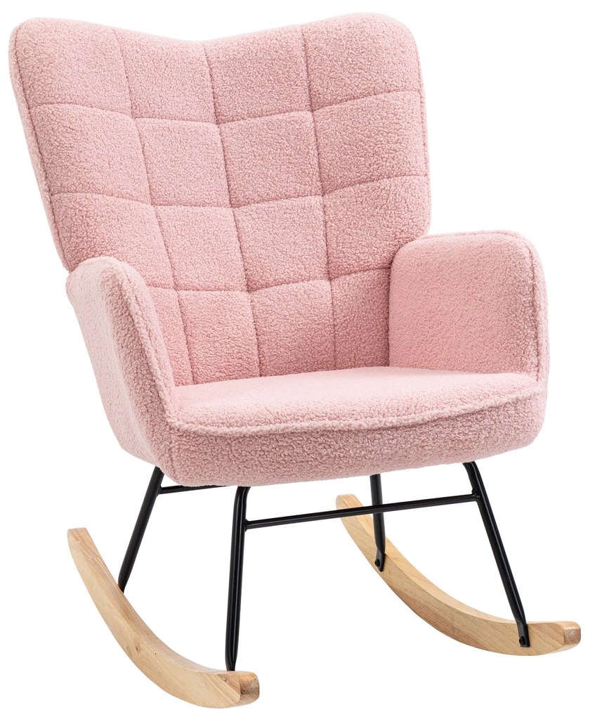 HOMCOM Poltrona Baloiço em Borrego com Oscilação de 40° Pés de Madeira de Faia e Estrutura de Aço 71x98x101 cm Rosa | Aosom Portugal