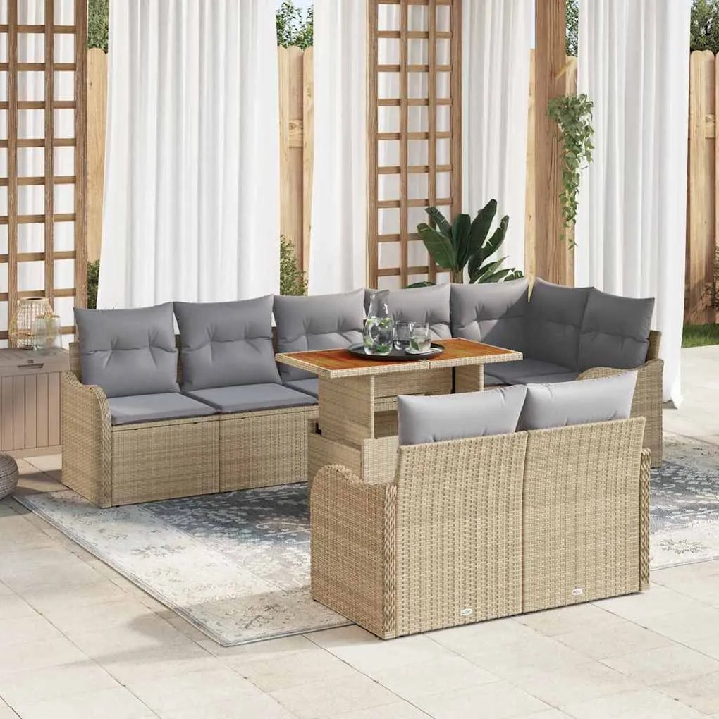 Conjunto de Sofá de Jardim vidaXL 9 Peças com Almofadas Bege Rattan Poliéster