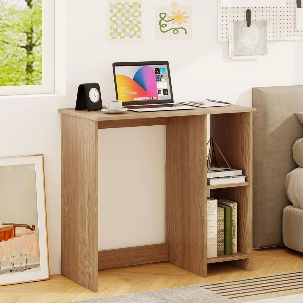 Secretária para computador 80 x 40 x 74 cm de escritório com 2 prateleiras para espaços reduzidos Natural