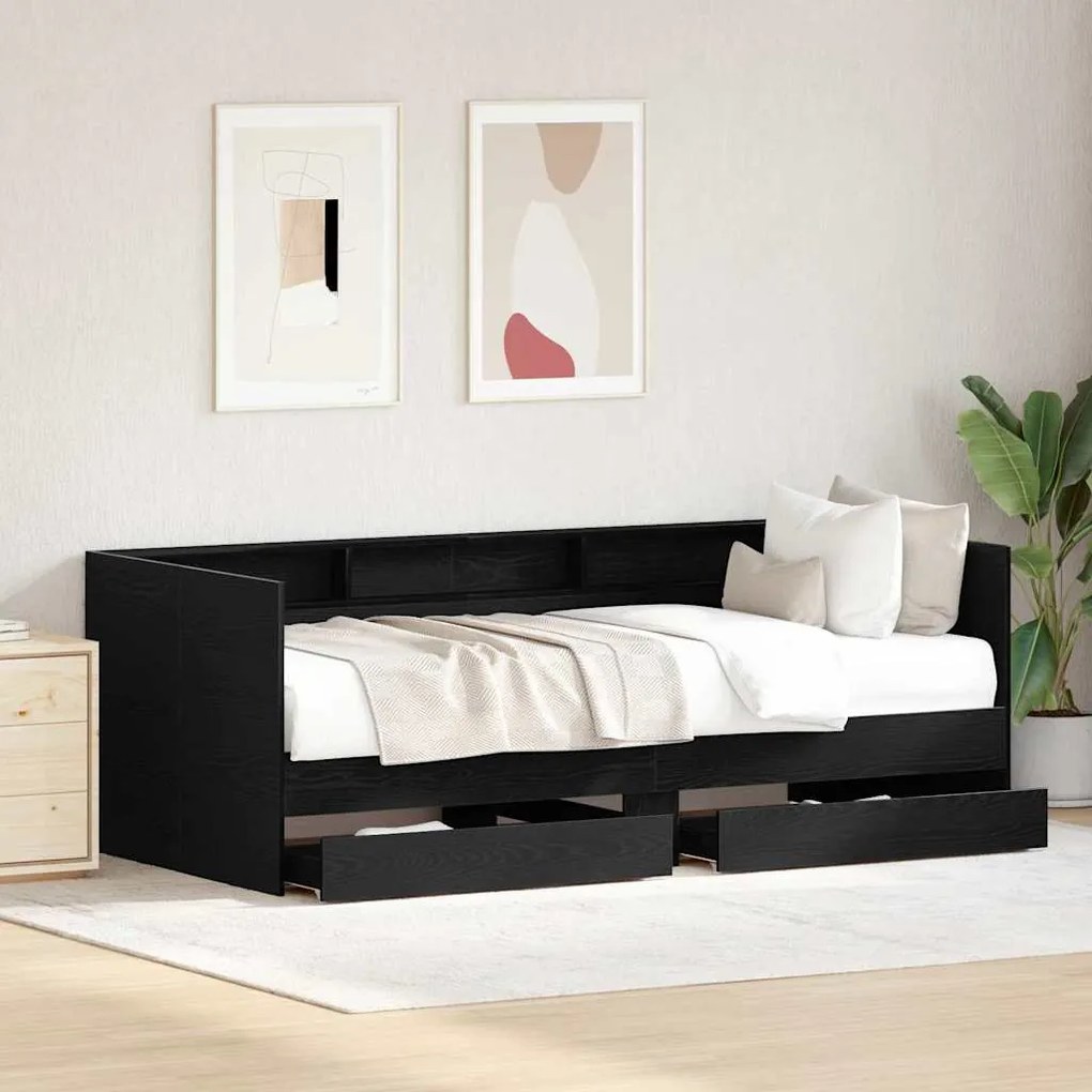 Cama de Dia Preta com Gavetas Carvalho Preto Madeira engenheirada