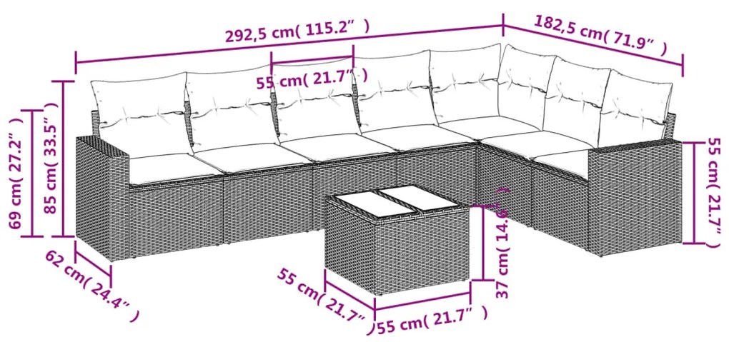 8 pcs conj. sofás jardim c/ almofadões vime PE cinzento-claro