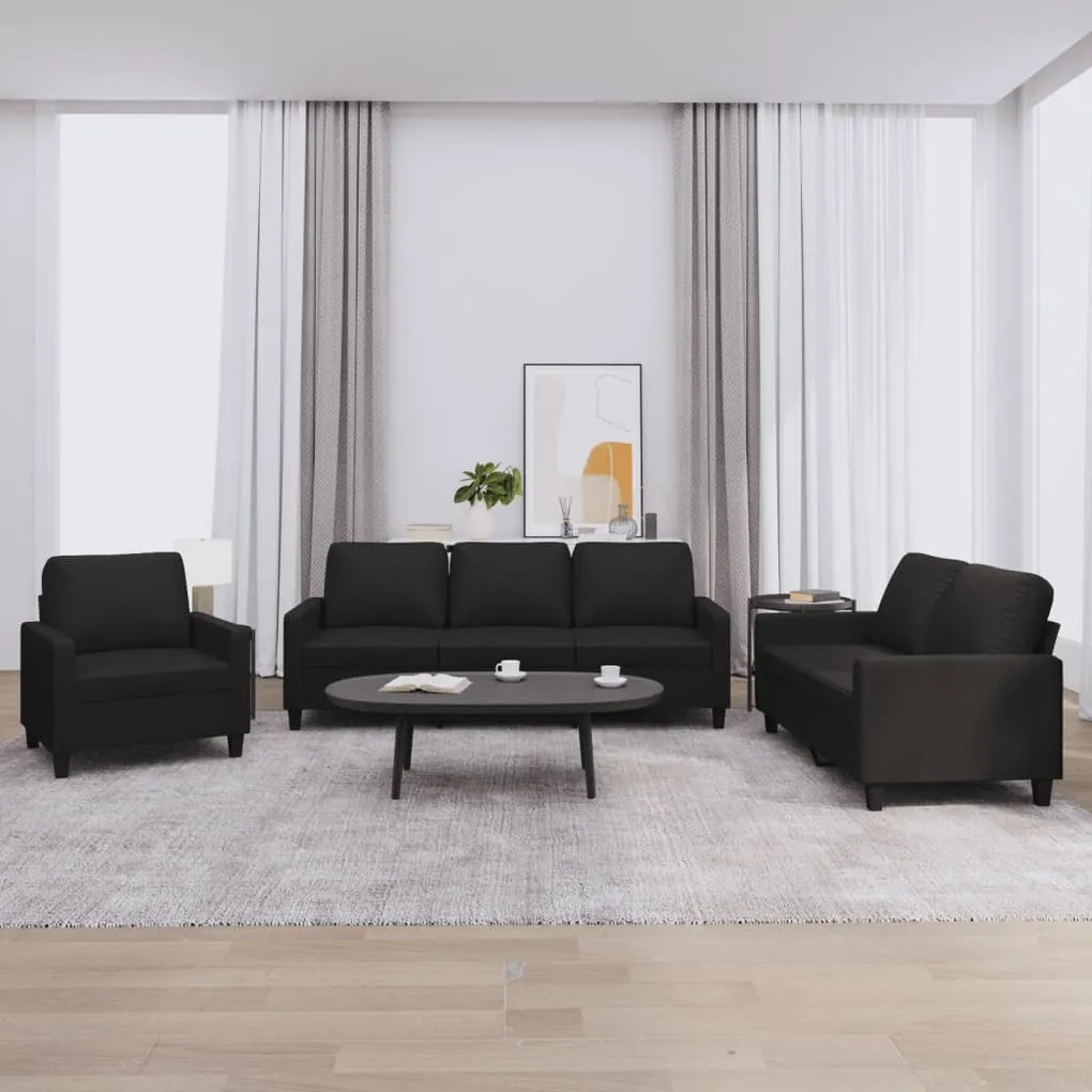 vidaXL 3 pcs conjunto de sofás com almofadões couro artificial preto