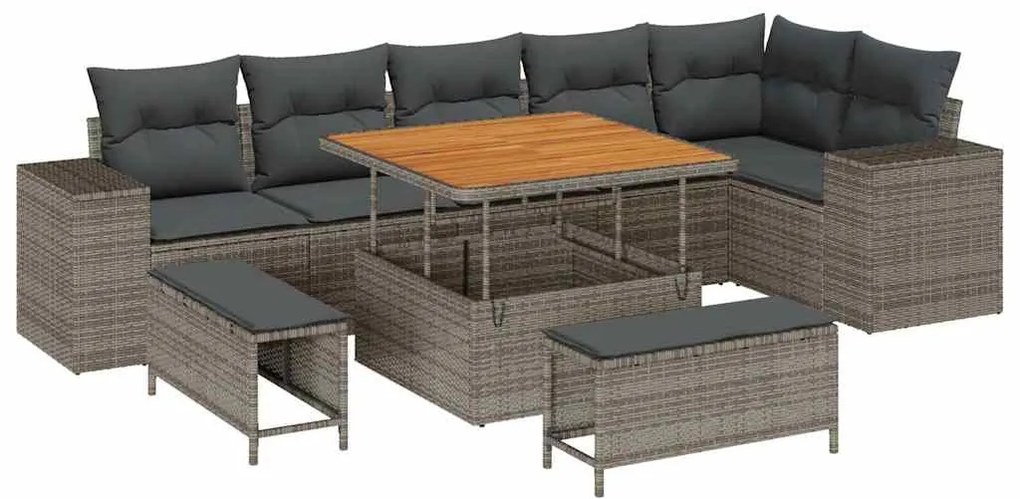 Sofá de Jardim de 9 Peças com Almofadas em Rattan Sintético Cinza e Ac