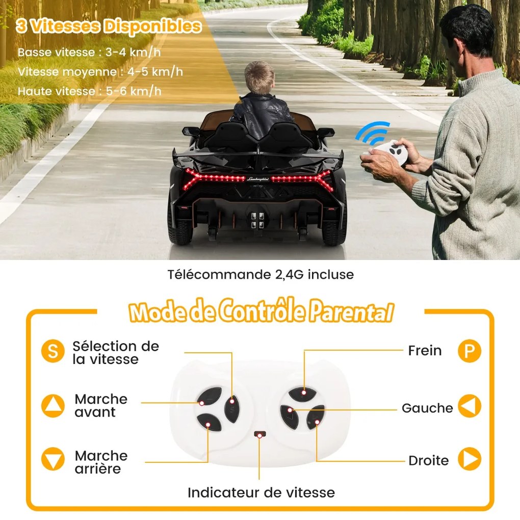 Carro elétrico infantil Lamborghini com controle remoto, faróis de LED, buzina e música, carro infantil rosa
