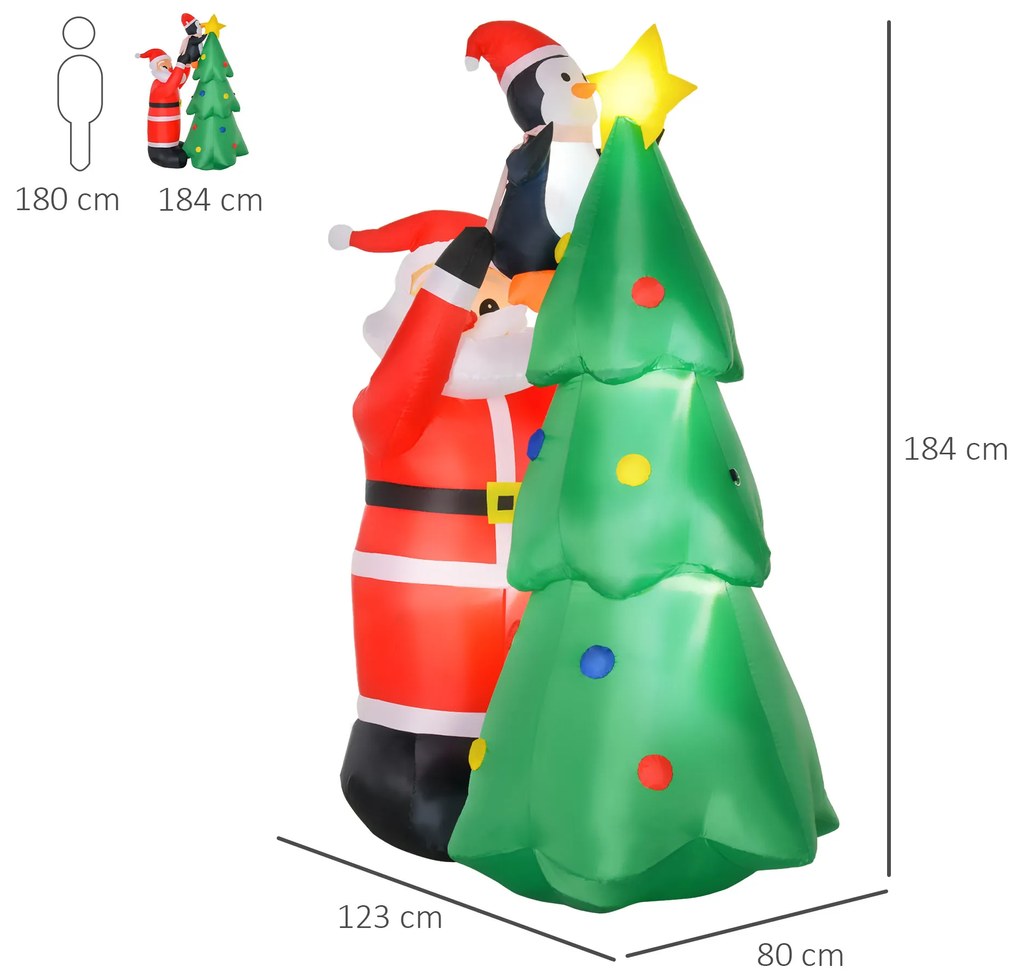 Árvore de Natal Inflável 184cm com Luzes LED Decoração de Natal Inflável com Pai natal e Pinguim para Festas Interiores e Exteriores 123x80x184cm Multicor