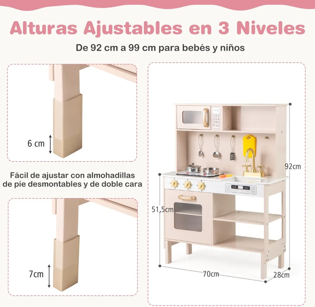 Cozinha de brincar em madeira com altura ajustável, luzes e sons. Inclui micro-ondas, lava-loiça, fogão, forno e acessórios Cor bege