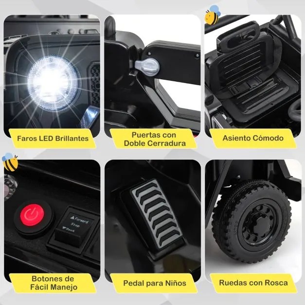 Carro Elétrico para Crianças 12V Jipe com Controlo Remoto 3 Velocidades Luzes LED Música Buzina Preto