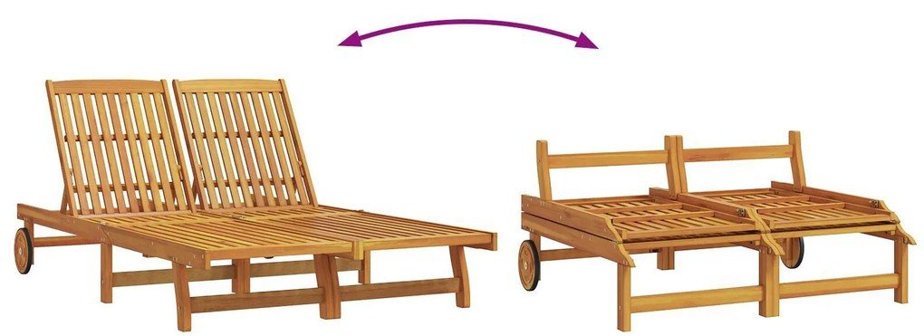 Chaise-longue dupla vidaXL com rodas e almofada de madeira maciça de a