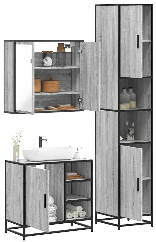 3 pcs Conjunto móveis casa de banho madeira proc. cinza sonoma