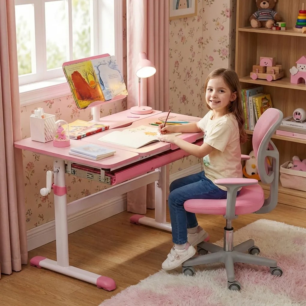 Conjunto 2 em 1 de secretária e cadeira para crianças Secretária ajustável em altura e ângulo com cadeira ergonómica giratória Rosa